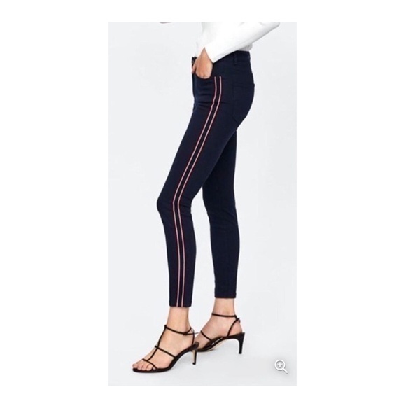 🍕🍍ZARA Racer Tuxedo Striped Skinny Ankle Jeans dark blue white red stripe 6 - Picture 1 of 8